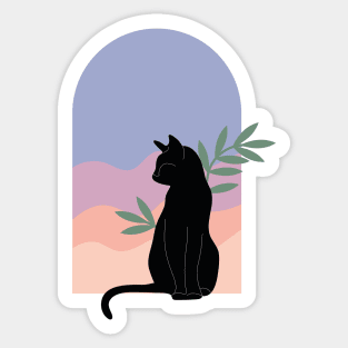 Вoho minimalist black cat with plants and sunset Sticker
